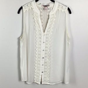 Cream crochet pin tuck button front sleeveless top size large